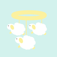 Mobile for a newborn baby white lamb. Cartoon style illustration of objects for young children of the first year of life. Vector drawing isolated on a blue background.