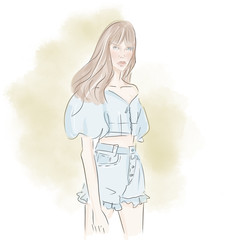 Stylish girl in fashion clothes with bag Hand drawn beautiful girl Fashion woman Sketch illustration.