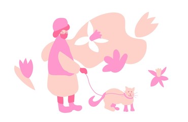 An elderly woman walks with a cat on a white background.Spring llustration with a people and an animal in flat style in warm shades of pink color. Design for banners,posters,web,social networks.