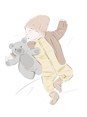 baby boy sleeping in a bassinet ,crib with a stuffed teddy bear sketch illustration