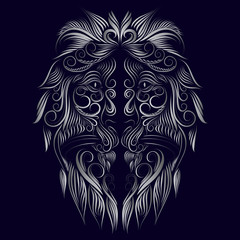 abstract head muzzle portrait of a lion long thin curls of hair mane tattoo gray on a blue background