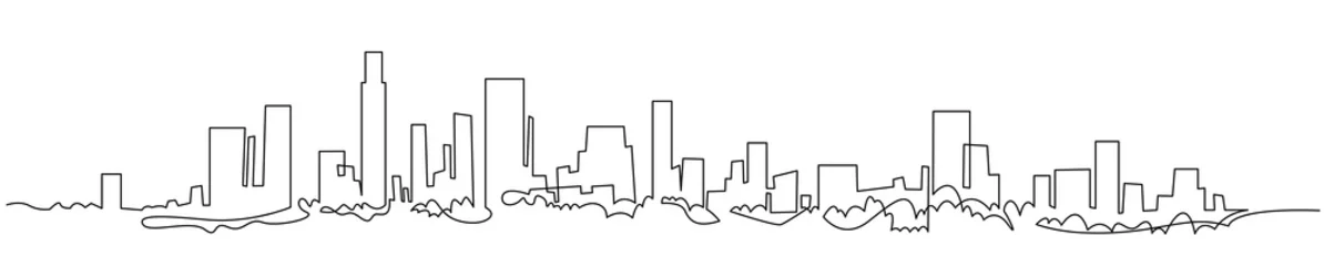 Modernes Stadtbild kontinuierliche einzeilige Vektorzeichnung. Panoramische Landschaft der Metropolenarchitektur. New Yorker Wolkenkratzer handgezeichnete Silhouette. Mehrfamilienhäuser isoliert minimalistische Illustration © samuii