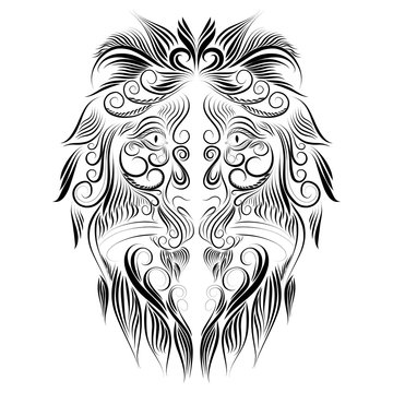 abstract head muzzle portrait of a lion long thin curls of hair mane tattoo black on a white background