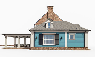 3d rendering of modern cozy classic house in colonial style with garage and pool for sale or rent. Isolated on white.