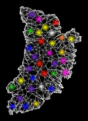 Web mesh vector map of Lleida Province with glare effect on a black background. Abstract lines, light spots and circle dots form map of Lleida Province constellation.
