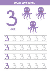 Tracing the number 3. Cartoon purple octopuses. Educational game.