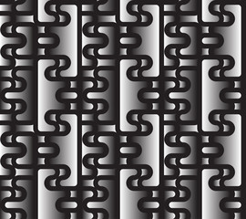 Futuristic seamless vector pattern. Abstract curvy elements in black and white gradient like metal pieces of complex shape. Modern art for technology and engineering themed decor.
