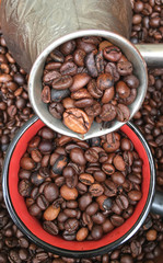 Fototapeta premium full turk of roasted large coffee beans, coffee beans texture background