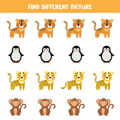 Find different animal in each row. Cute cartoon monkey, tiger, leopard, penguin.