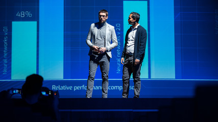 On Stage: Startup Hardware Engineer and Software Developer Present New Product. Expert Does...