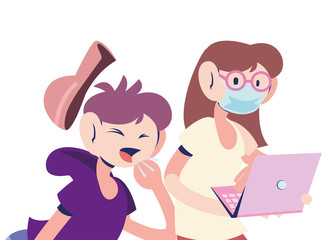 young woman with mask and sick child