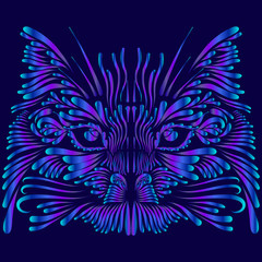 abstract muzzle head portrait lynx thin fluffy curls of hair blue and pink on a purple background