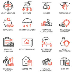  Vector Set of Linear Icons Related to Finance Report, Accounting, Calculation, Consultation and Audit. Mono Line Pictograms and Infographics Design Elements