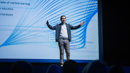 Startup Conference Stage: Speaker Presents New Product, Talks about Performance, Neural Networks,...
