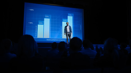 Startup Conference Stage: Speaker Presents New Product, Talks about Performance, Neural Networks,...