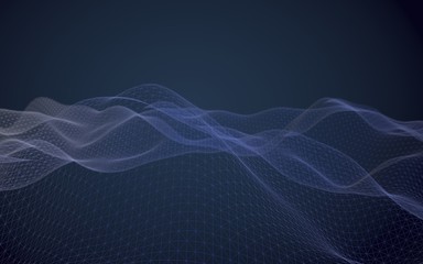 Abstract landscape on a dark background. Cyberspace navy blue grid. hi tech network. 3D illustration