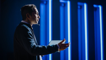 Business Conference Stage: Indian Chief Software Engineer, Startup CEO Presents New Product, Does...