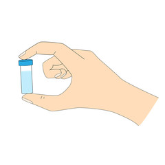 Hand with a test tube between thumb and forefinger. Plenty for your test tube text. It can be a vaccine, blood for analysis, samples of bacteria, viruses. Medical and epidemiological illustration.