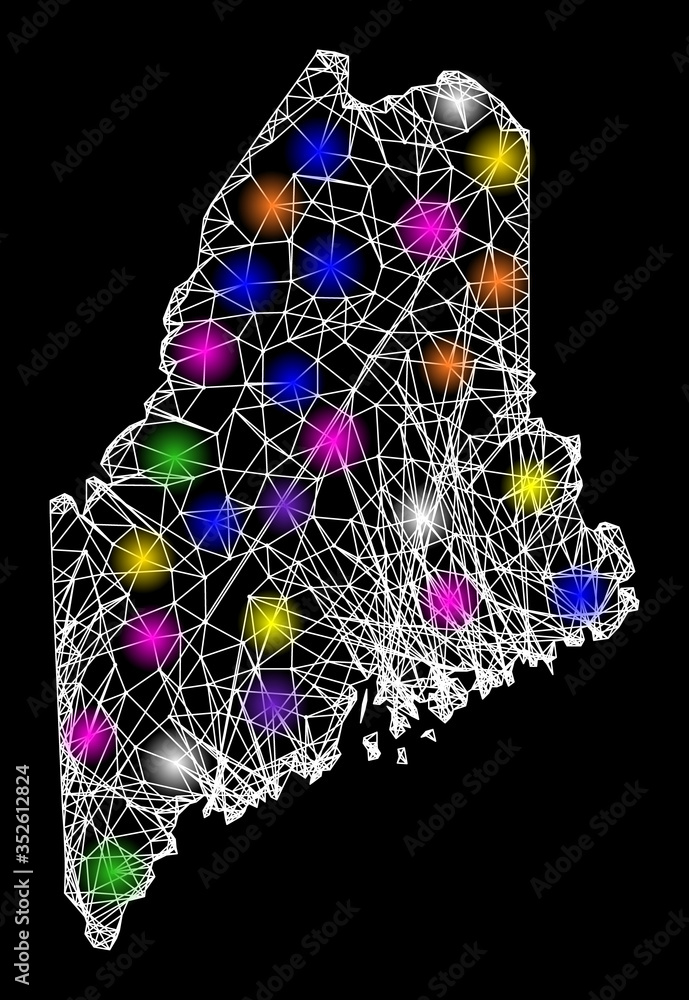 Poster web mesh vector map of maine state with flare effect on a black background. abstract lines, light sp