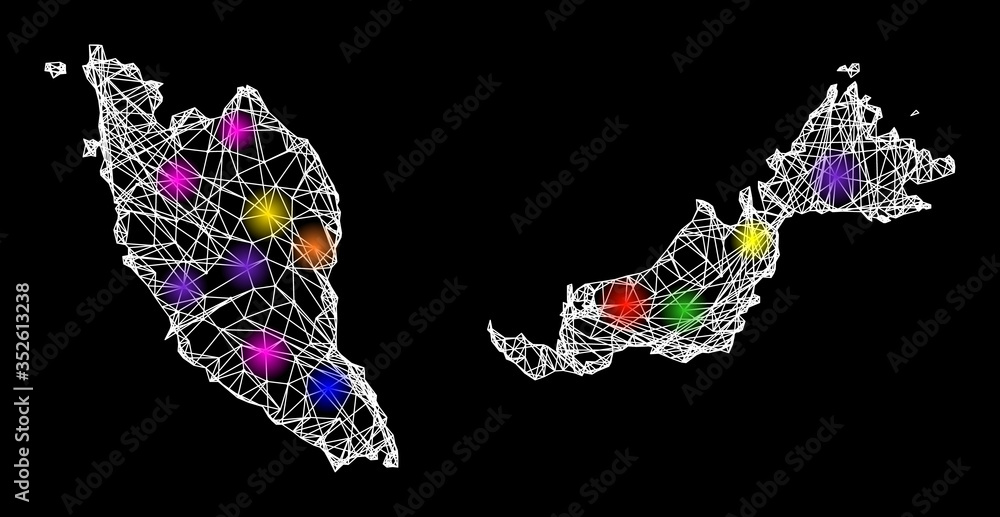 Poster web mesh vector map of malaysia with glitter effect on a black background. abstract lines, light spo