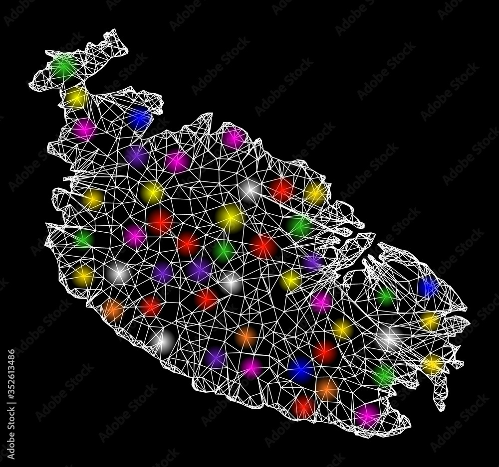 Poster web mesh vector map of malta island with glitter effect on a black background. abstract lines, light