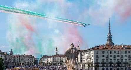 Acrobatic air performance of Tricolour arrows (Frecce tricolori) over Turin, Italy