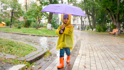 Portrait of cute little boy in raincoat holding umbrella and walking at park