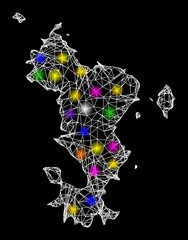 Web mesh vector map of Mayotte Islands with flare effect on a black background. Abstract lines, light spots and small circles form map of Mayotte Islands constellation.