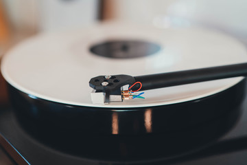 Closeup of vinyl record player in home interior, Vinyl Trend Music Leisure Audio