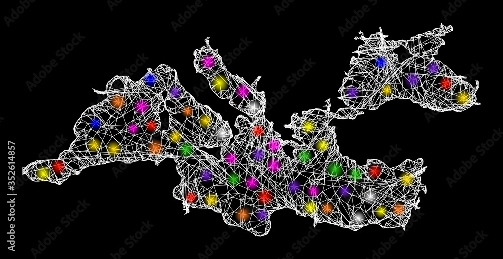 Aufkleber web mesh vector map of mediterranean sea with glare effect on a black background. abstract lines, li