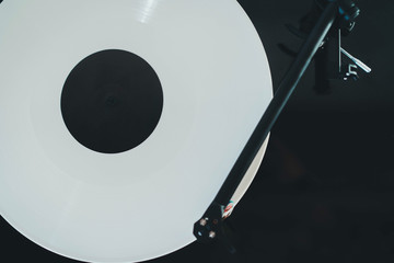 Top view of vinyl record player with blank disk for design or text, Mockup of white vinyl record