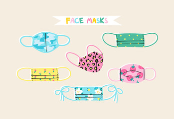 Set of colorful and stylish fabric face masks with patterns used for preventing coronavirus pandemic. Fashionable protection from virus, flu outbreak or air pollution. Trendy vector illustration.