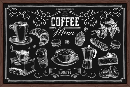Set of coffee related vector images. Great for designing the menu of a cafe and restaurant and for decorating the interior of a coffee shop.