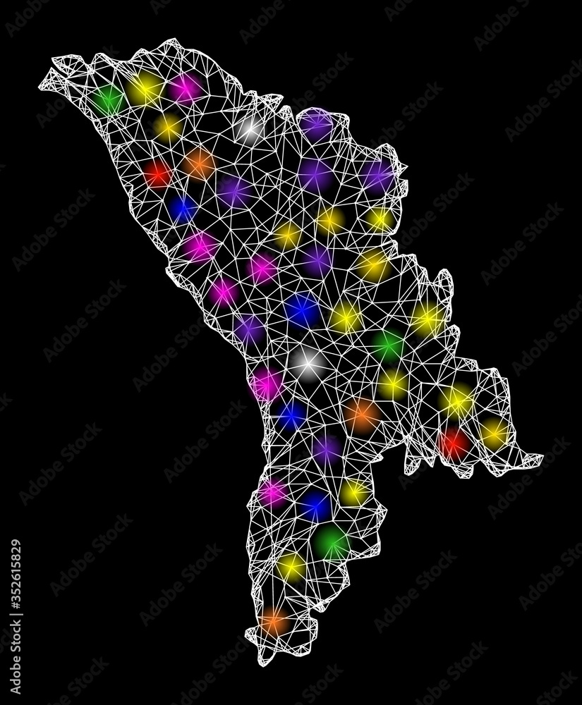 Aufkleber web mesh vector map of moldova with glare effect on a black background. abstract lines, light spots 