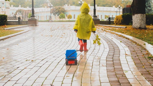 Toned image of little boy walking with his toy dump truck on rainy day at park