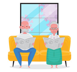 A cartoon of grandfather and grand mother are reading newspaper at home and both of them are sitting on a yellow sofa during a quarantine period