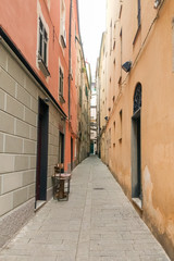 Narrow alleys of the historical center of Savona, Liguria, Italy