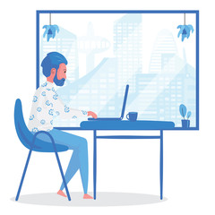 A cartoon of man is working from home with computer by the window