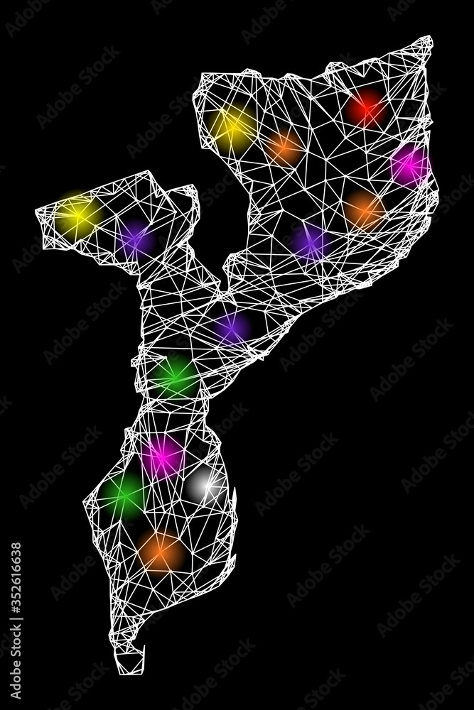 Poster web mesh vector map of mozambique with glow effect on a black background. abstract lines, light spot