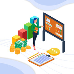 Businesswoman explain financial information data in infographics at whiteboard. Isometric financial illustration. Vector