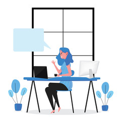 A cartoon of lady is working from home with computer and laptop