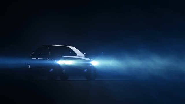 Car headlight on black background. Concept of car presentation.
