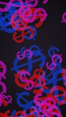 Obraz premium Multicolored translucent dollar signs on dark background. Red tones. 3D illustration