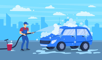 Cartoon Color Character Person Male Washing Car Concept. Vector