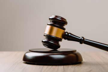 Symbol of law and justice on wooden table in lawyer office