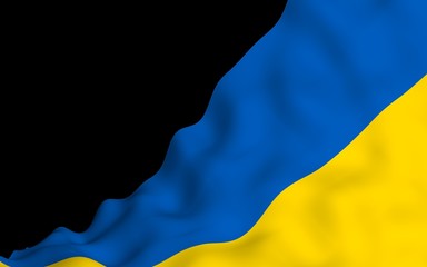 The flag of Ukraine on a dark background. National flag and state ensign. Blue and yellow bicolour. 3D illustration waving flag