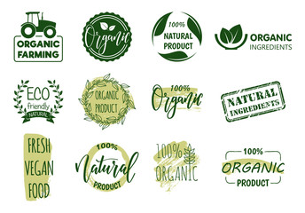 Cartoon Color Organic Fresh Food Label Badge Sign Set Concept Flat Design Style. Vector