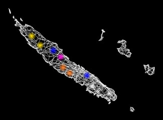 Web mesh vector map of New Caledonia with glare effect on a black background. Abstract lines, light spots and points form map of New Caledonia constellation.
