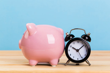 pink piggy bank on a blue background, space for text. Finance, saving money. Business to Success and Retirement Savings