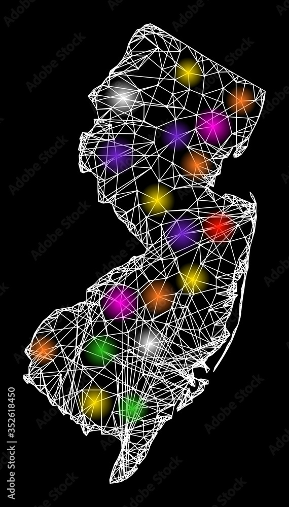 Poster web mesh vector map of new jersey state with glare effect on a black background. abstract lines, lig
